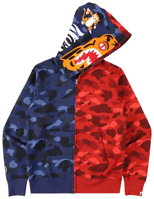 BAPE Color Camo Tiger Shark Half Full Zip Hoodie Navy Red