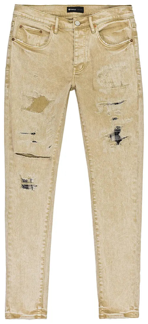 PURPLE BRAND Heavy Repair With Plaid Patch Skinny Jeans Beige