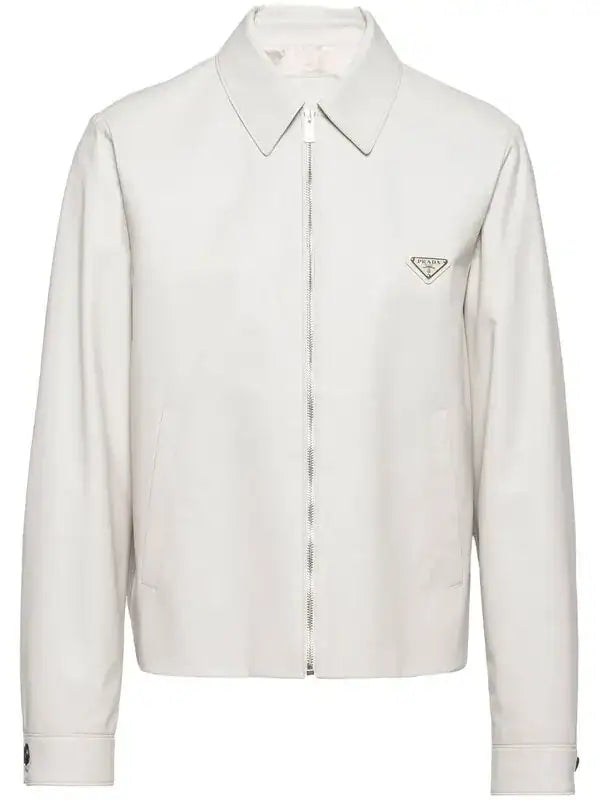 Prada Nappa Leather Blouson Zip Up Overshirt Jacket White