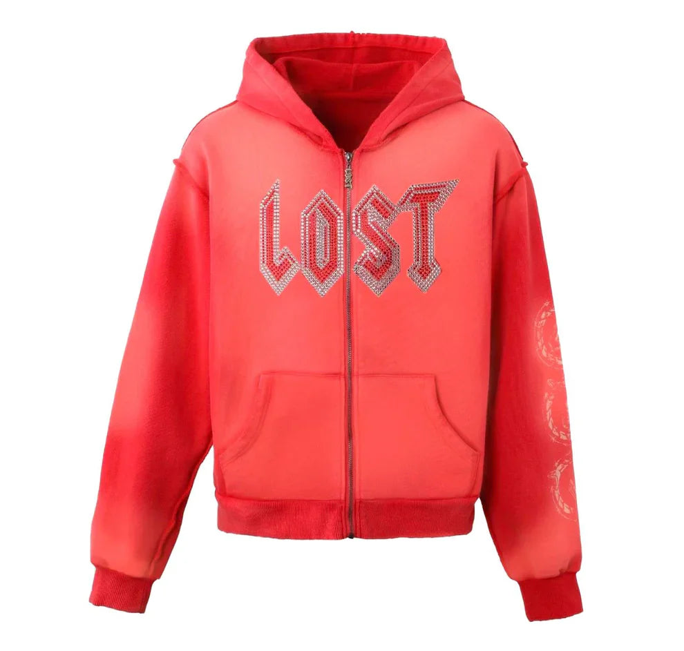 Lost Intricacy Rhinestone Zip Up Hoodie Washed Red