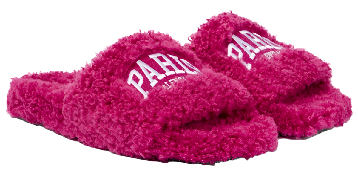 Balenciaga Cities Paris Faux Shearling Slides Dark Fuschia White