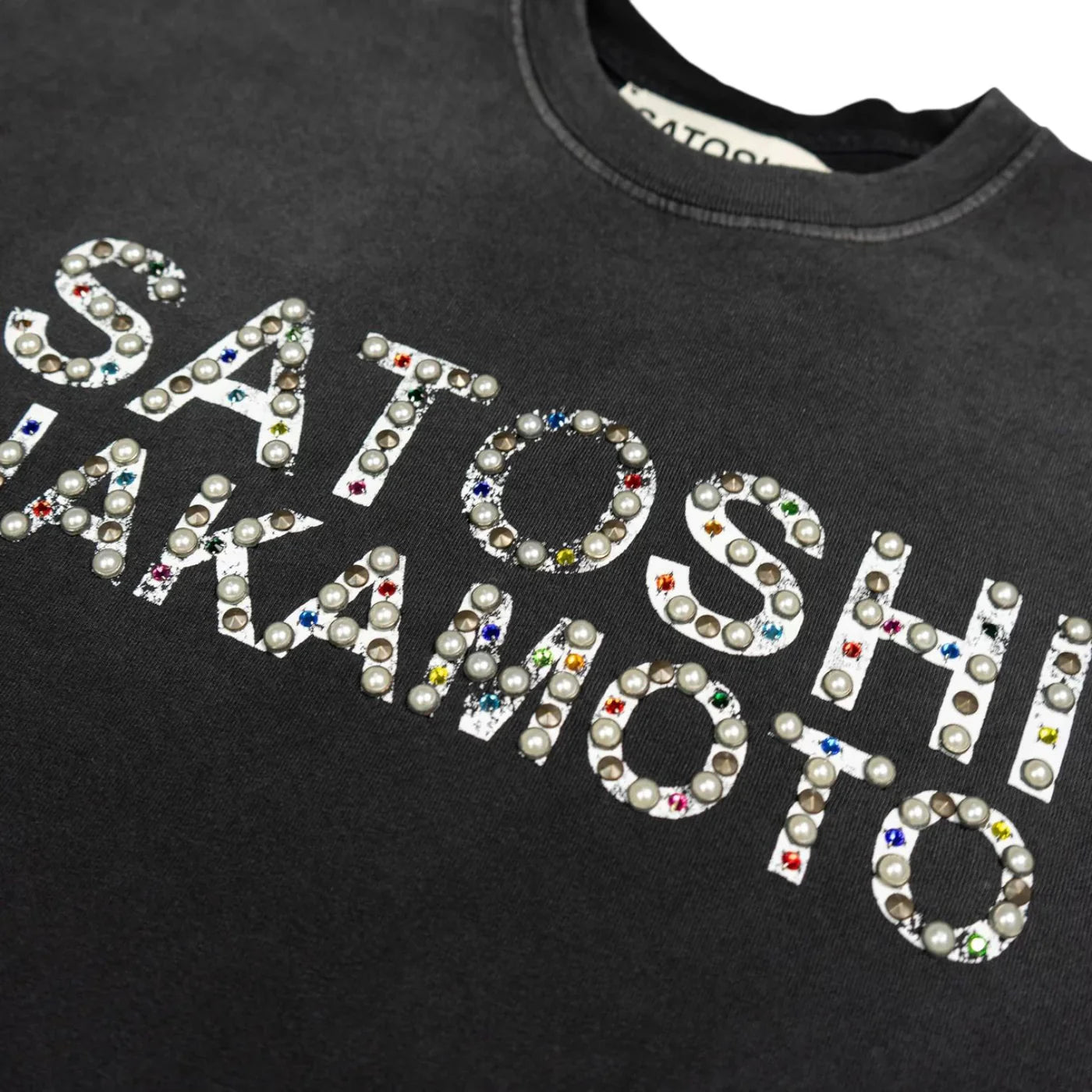 Satoshi Nakamoto Pearl Studded Logo T-Shirt Washed Black