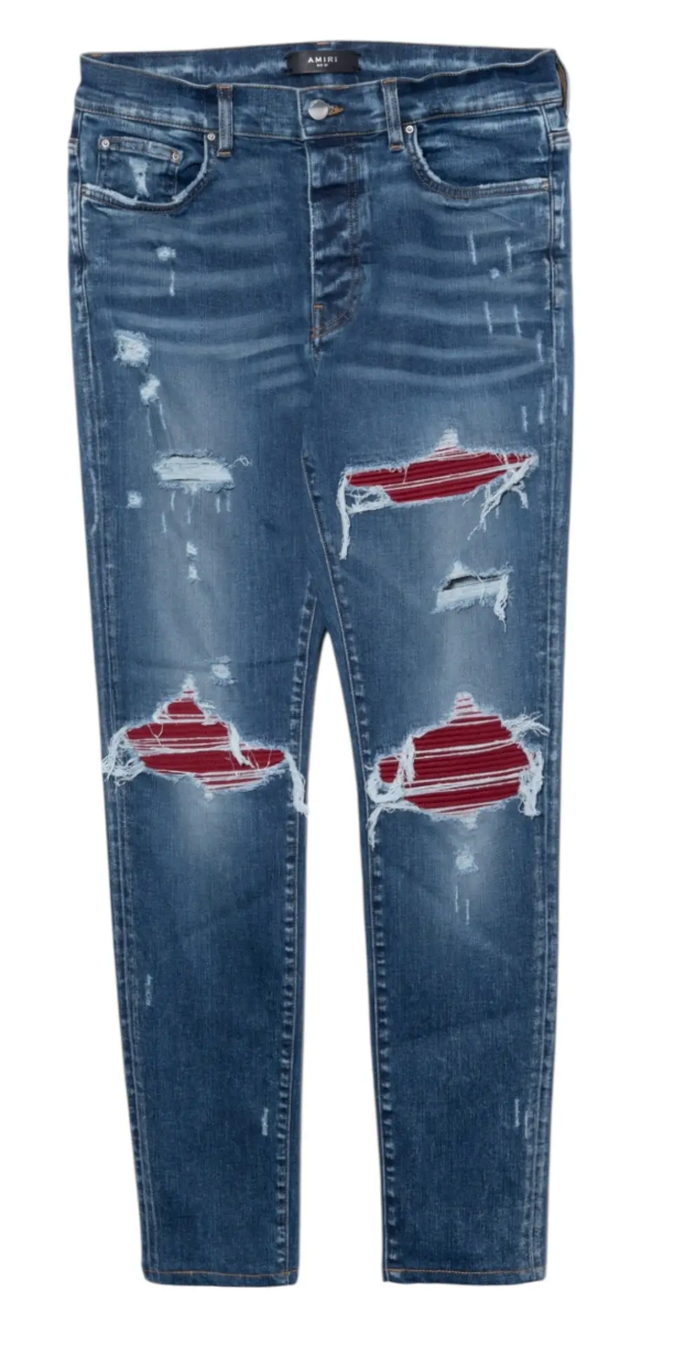 Amiri MX1 Red Ultra Suede Patch Jeans Deep Classic Indigo