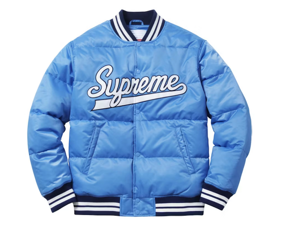 Supreme Script Varsity Puffy Jacket Light Blue