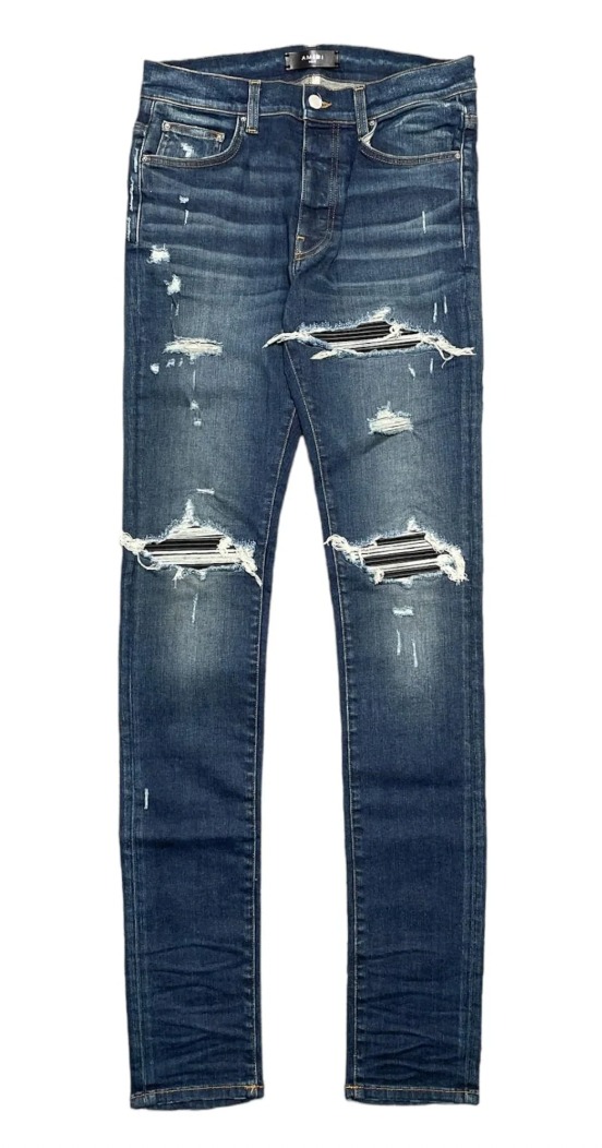 Amiri MX1 Black Leather Patch Jeans Deep Classic Indigo