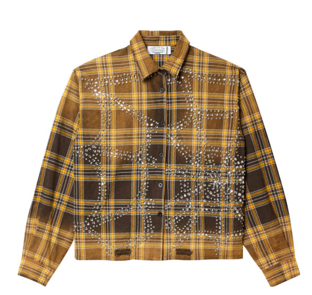 Vale Forever Brown Spiderweb Studded Flannel Shirt Yellow