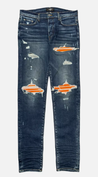 Amiri MX1 Orange Suede Patch Jeans Deep Classic Indigo