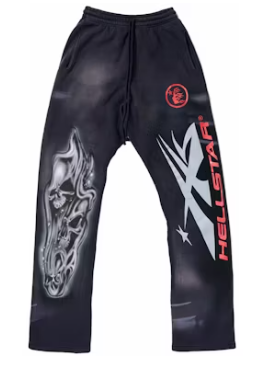 Hellstar Airbrushed Skull Hoodie & Flare Bottom Sweatsuit Midnight Dye Black