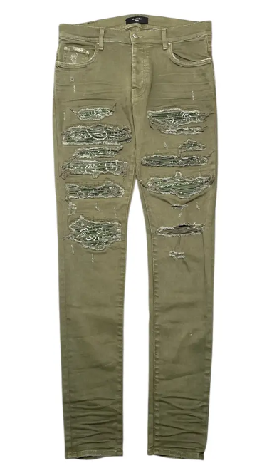 Amiri Tonal Bandana Patch Thrasher Jeans Olive Green