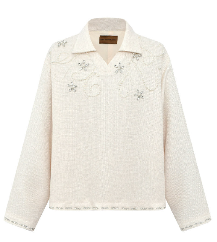 Birth Of Royal Child Diamond Embellished Floral Knit Top White