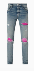 AMIRI MX1 Cracked Pink Leather Patch Jeans Indigo