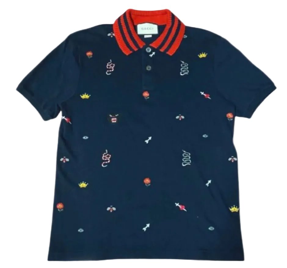 Gucci Kingsnake Floral Embroidered Polo Shirt Ink Navy Blue