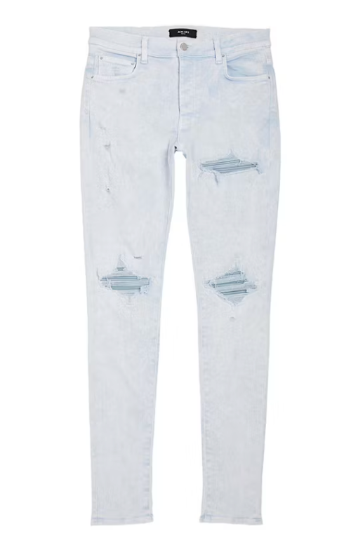 AMIRI MX1 Baby Blue Leather Patch Jeans Mineral Wash