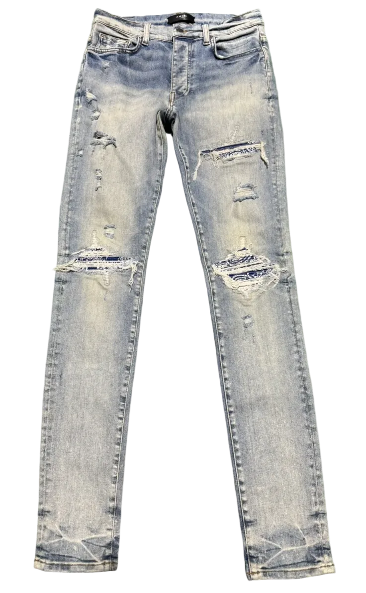 Amiri MX1 Blue Bandana Leather Patch Jeans Clay Indigo