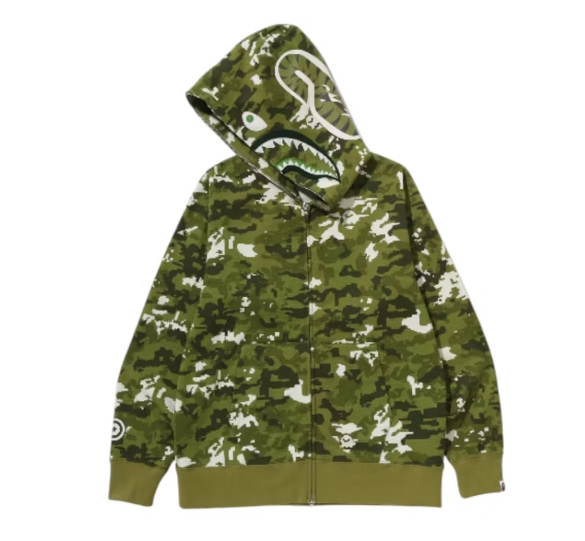 BAPE Multi Pixel Camo Shark Regular Fit Full Zip Hoodie Green/Olive/White