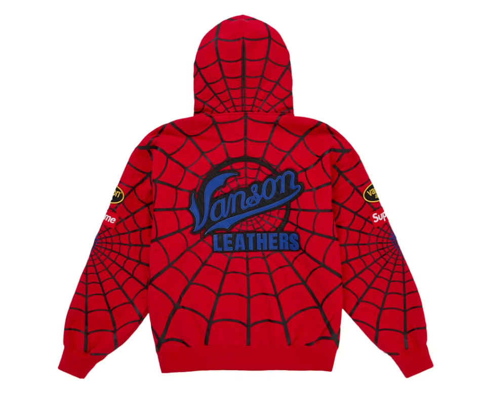 Supreme Vanson Leathers Spider-Man Zip Up Hooded Sweatshirt Red
