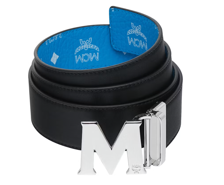 MCM M Reversible Belt White Visetos Silver 1.75" T Blue