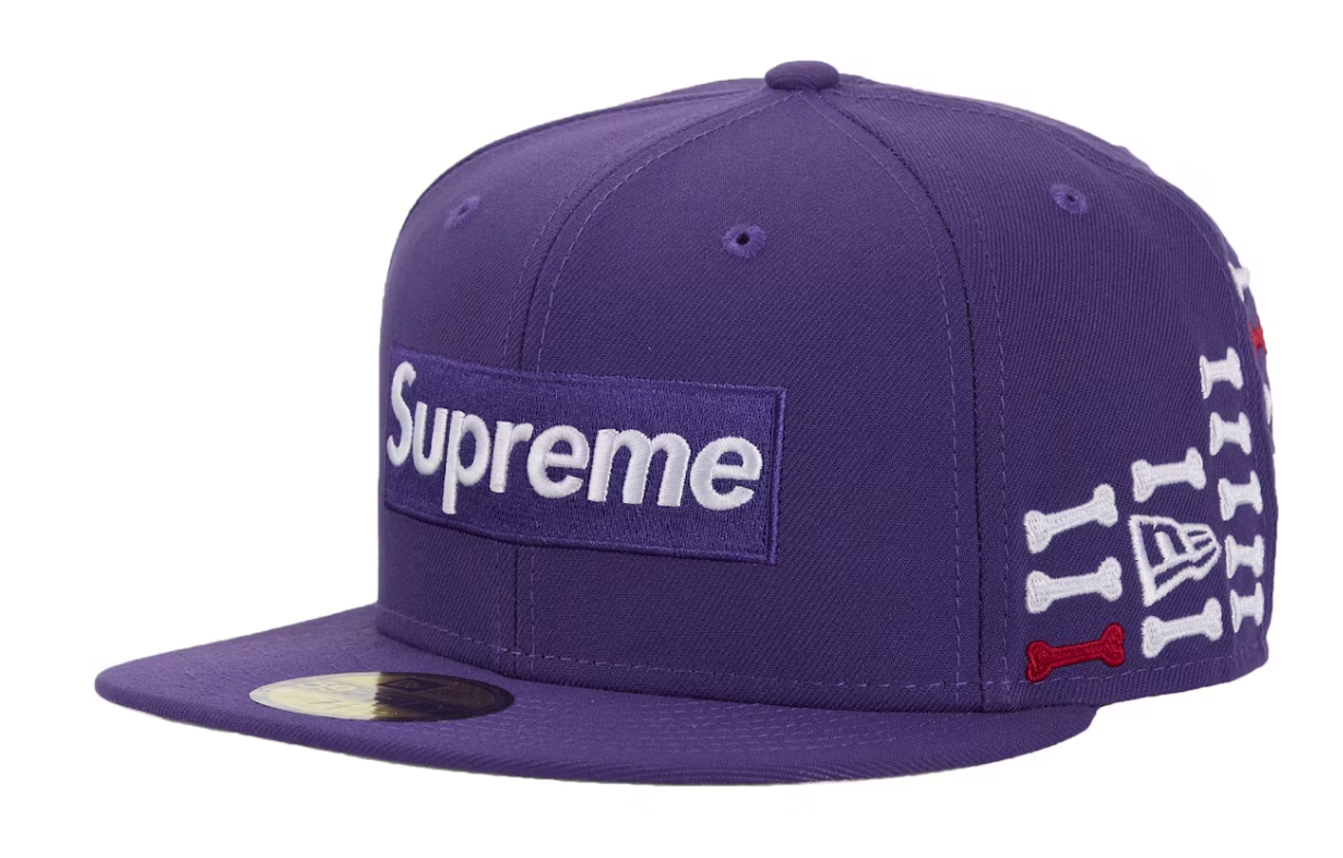 Supreme Bones Box Logo New Era 59Fifty Fitted Hat Purple