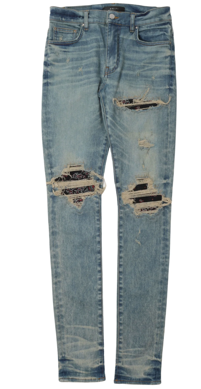 Amiri MX1 Black Red Paisley Patch Jeans Indigo