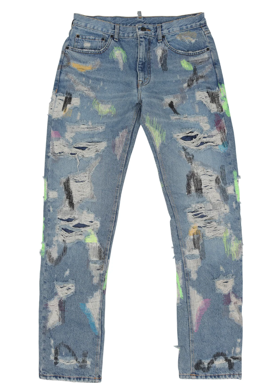Vlone x Endless Embroidered and Distressed Denim Jeans Neon Green Black