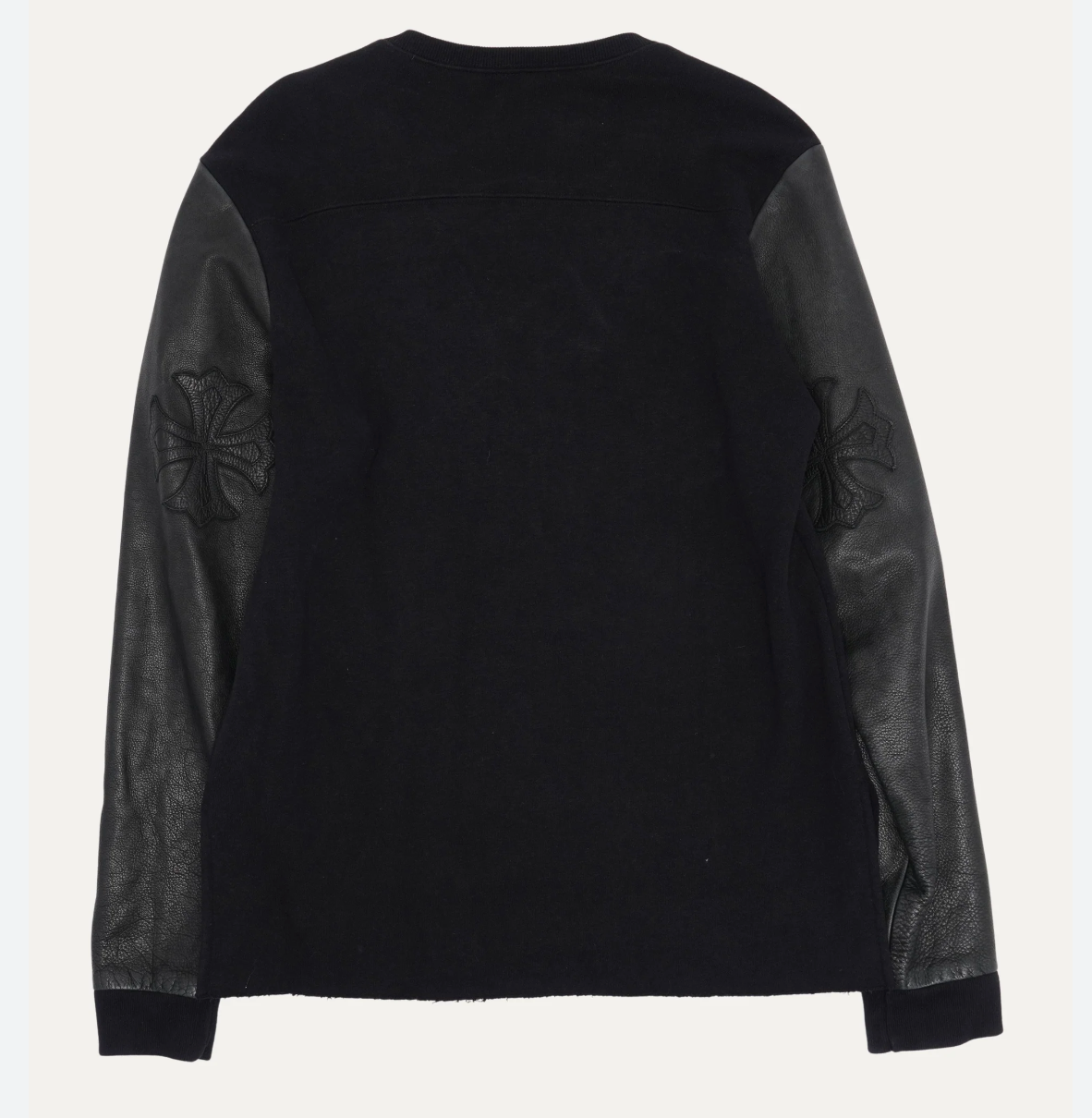 Chrome Hearts Leather Contrast Triple Cross Patch Leather Sleeve Crewneck Black