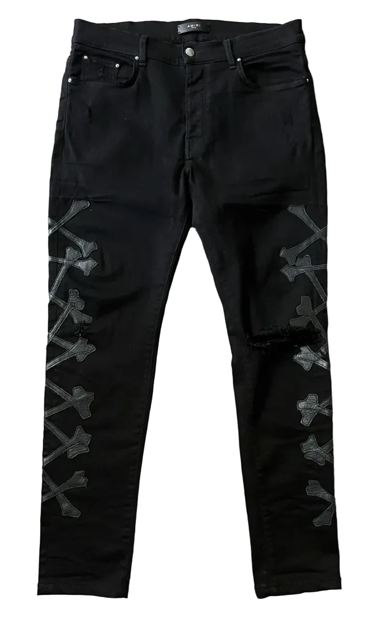 Amiri Leather Bones Patch Jeans Black