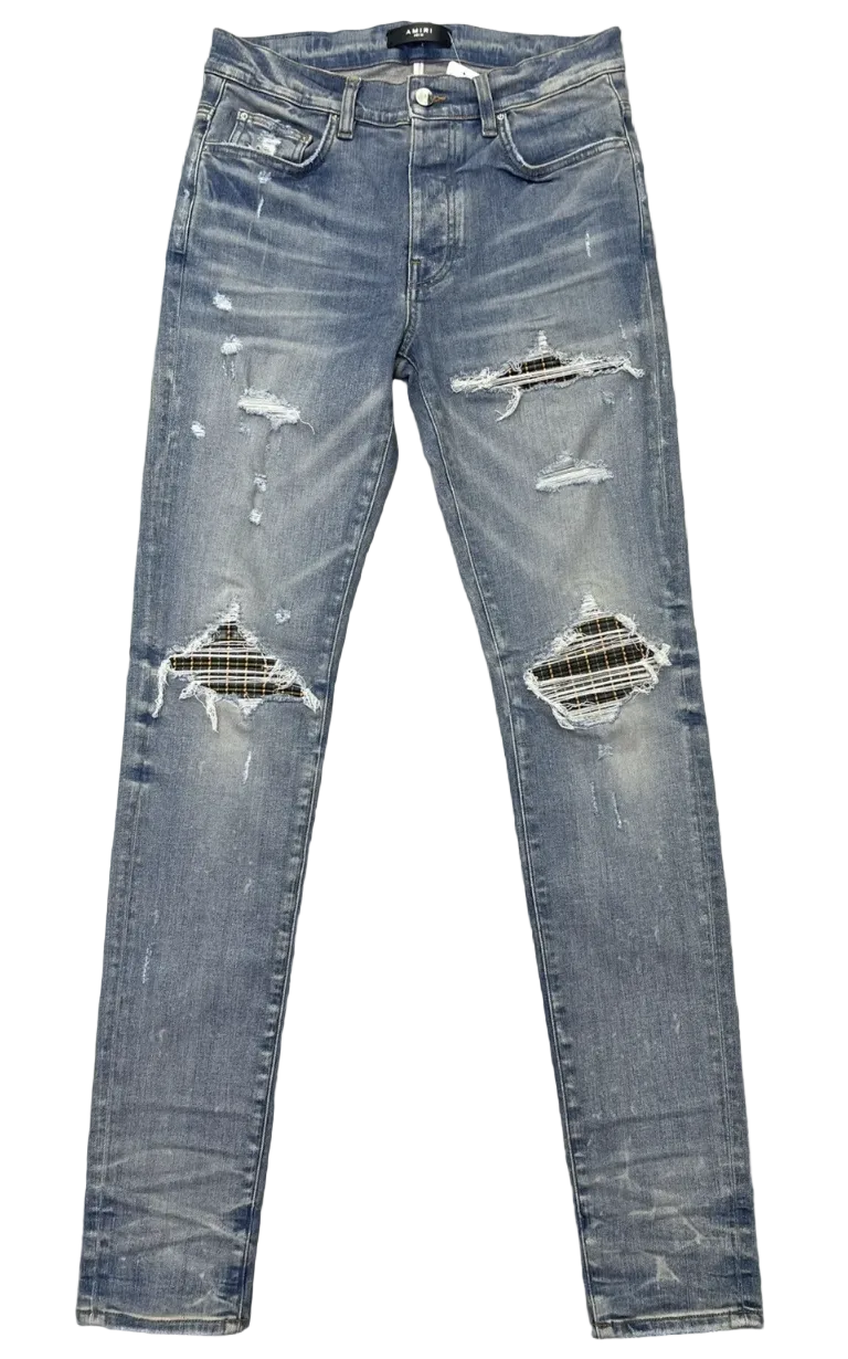 Amiri MX1 Orange Plaid Patch Jeans Light Indigo