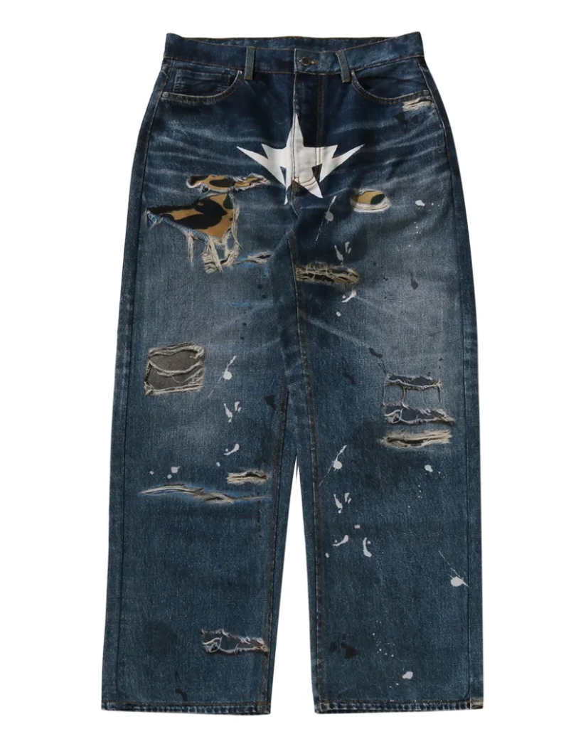 Bape Star Print Distressed Jeans Blue