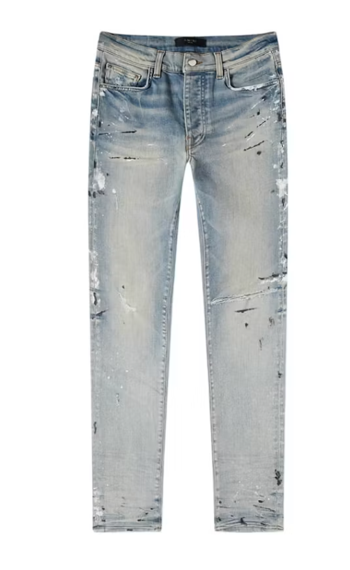 AMIRI Hand Painted Slit Knee Skinny Jeans Clay Indigo