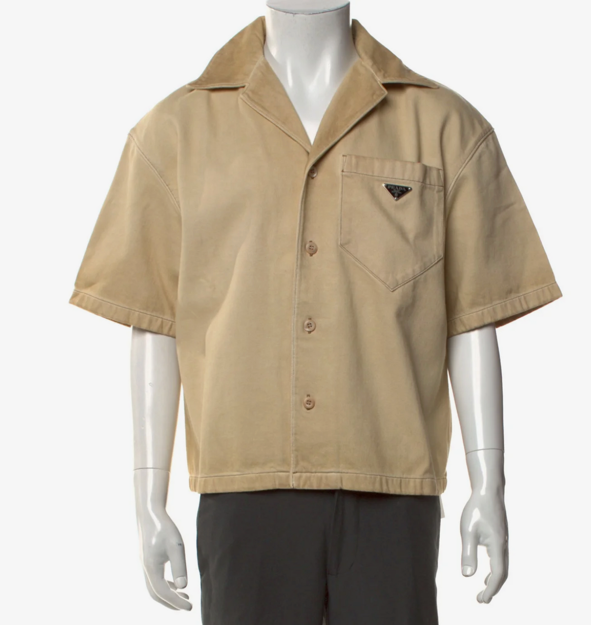 Prada Enameled Logo Metal Triangle Button Up Shirt Beige