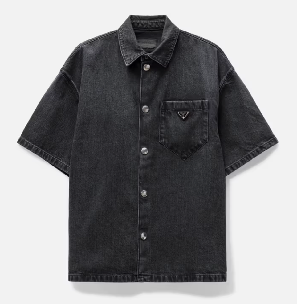 Prada Triangle Logo Patch Denim Button Up Shirt Black