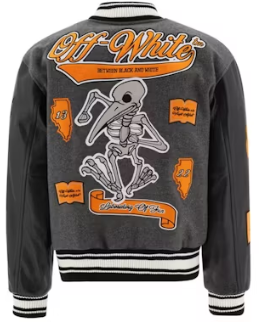 OFF-WHITE Patch Embellished Varsity Bomber Jacket Medium Grey Yellow Black