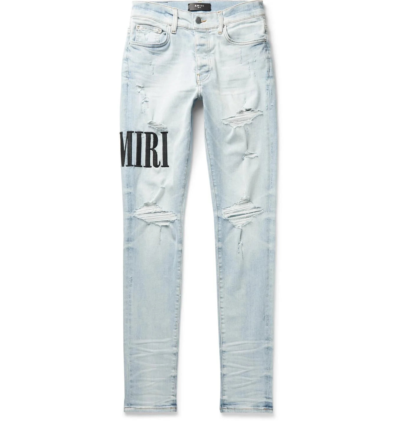 Amiri Distressed Embroidered Logo Jeans Light Indigo