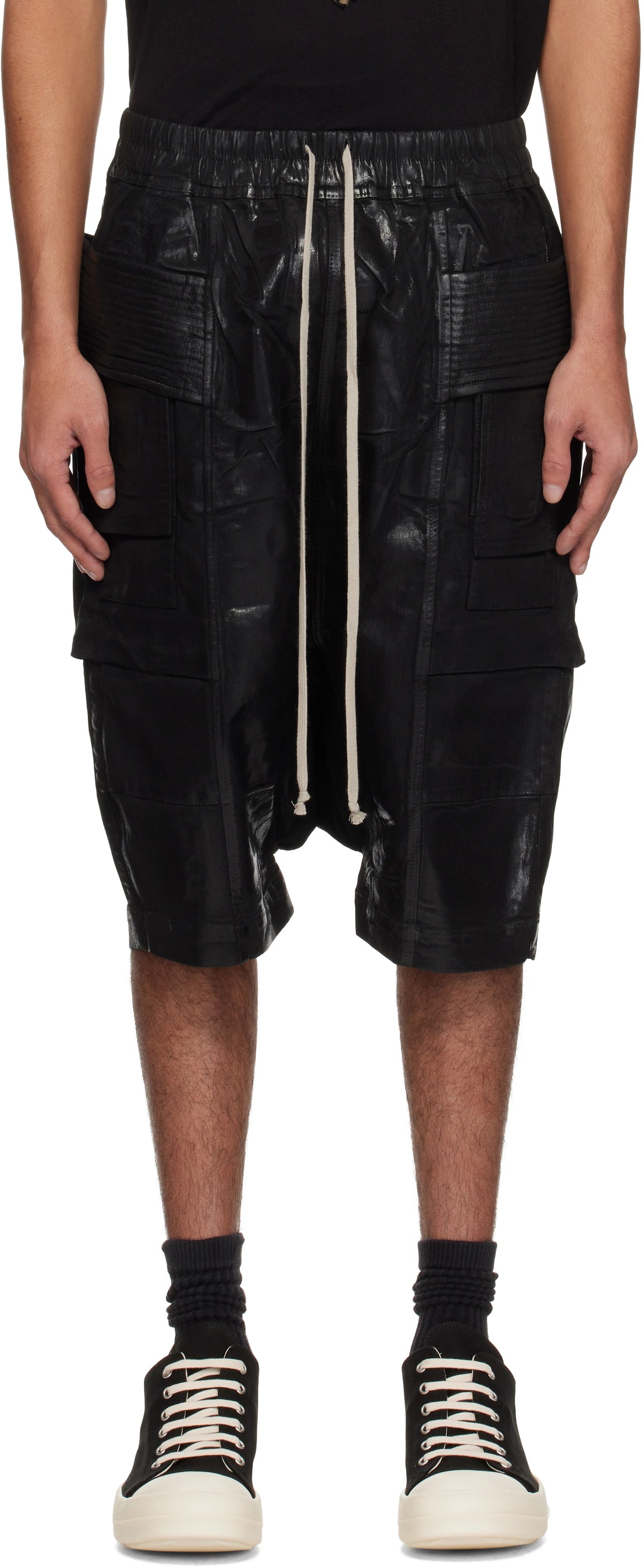Rick Owens DRKSHDW Black Hollywood Creatch Cargo Pods Denim Shorts Waxed Black