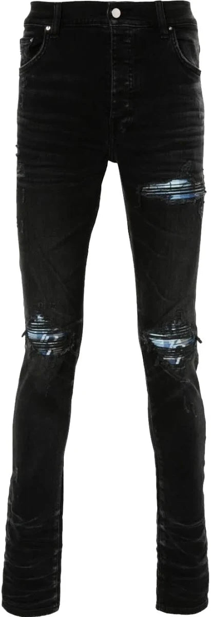 AMIRI MX1 Plaid Ripped & Patched Stretch Skinny Jeans Faded Black