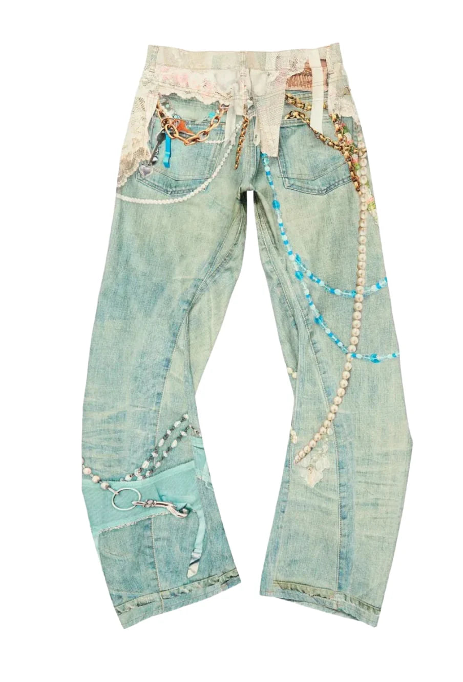 Acne Studios Pearl And Lace Trompe L’oeil Jeans White Green