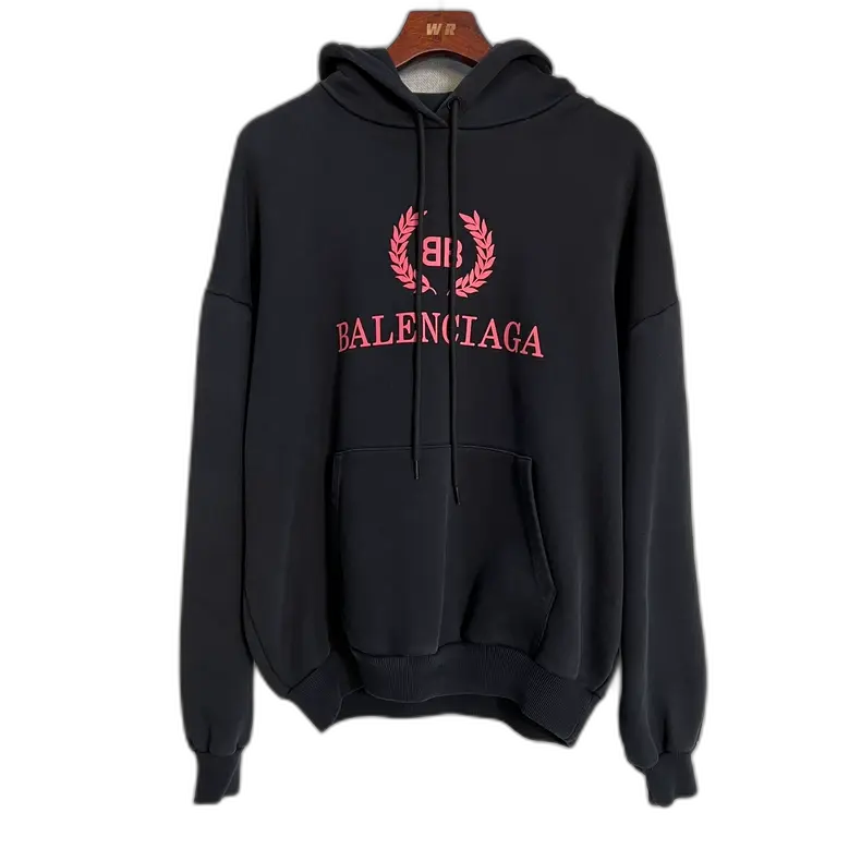 Balenciaga Wreath BB Logo Print Cotton Hoodie Black Pink