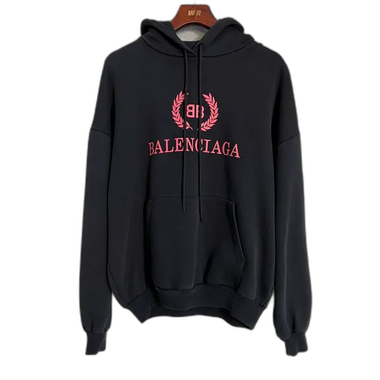 Balenciaga Wreath BB Logo Print Cotton Hoodie Black Pink