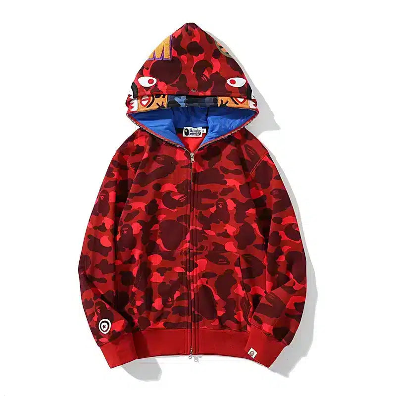 BAPE Color Camo Tiger Shark Wide Full Zip Double Hoodie Red Blue
