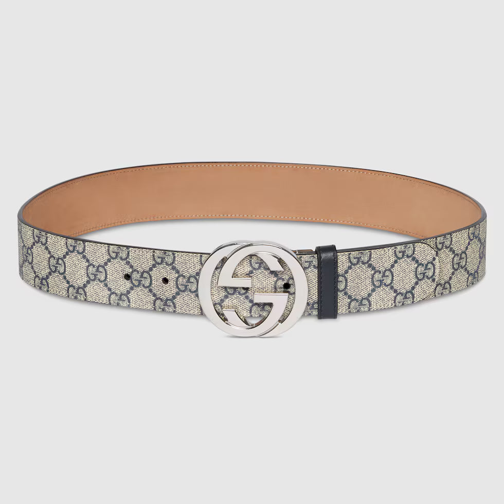 Gucci GG Supreme Beige & Blue Belt With G Buckle