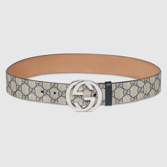 Gucci GG Supreme Beige & Blue Belt With G Buckle