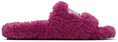 Balenciaga Cities Paris Faux Shearling Slides Dark Fuschia White