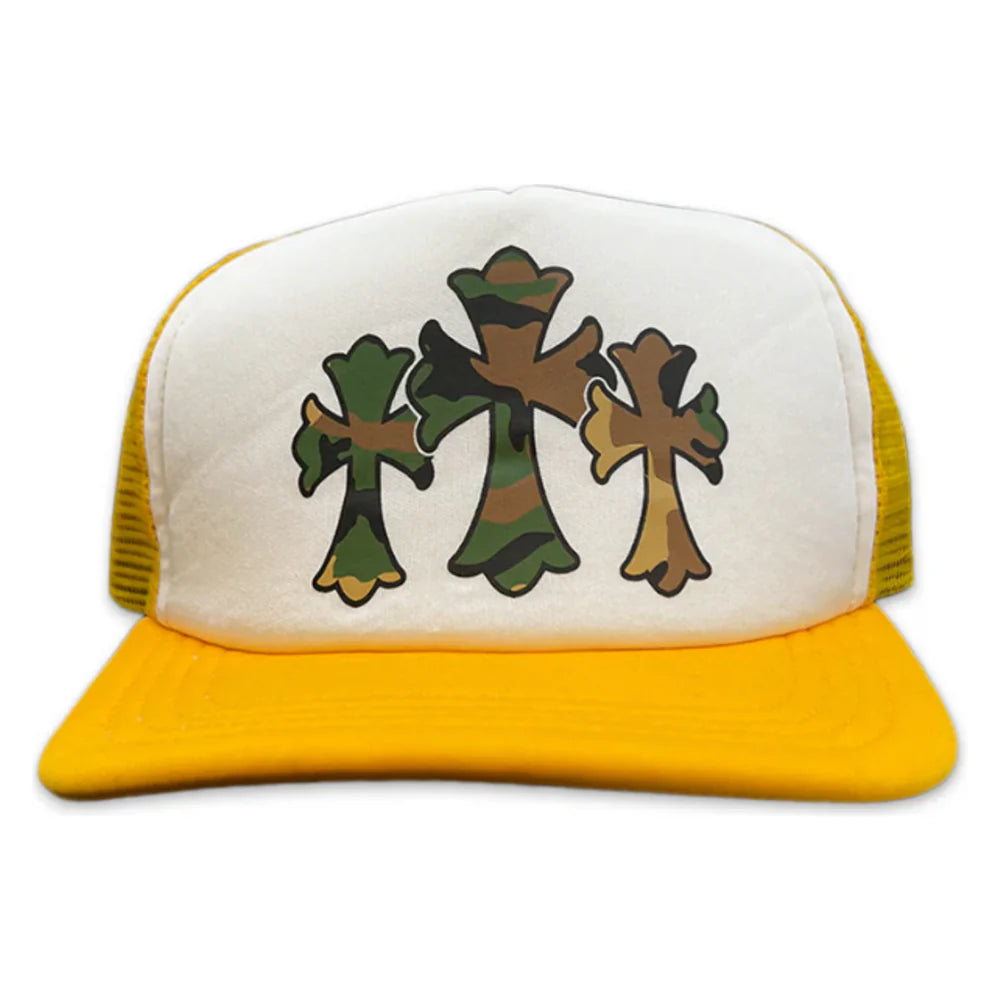 Chrome Hearts Camo Cemetery Cross Trucker Hat Yellow