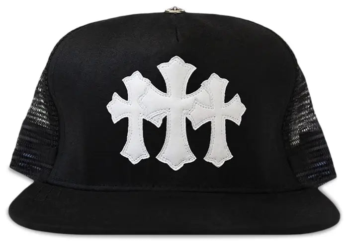 Chrome Hearts White Leather Triple Cemetary Cross CH Trucker Hat Black