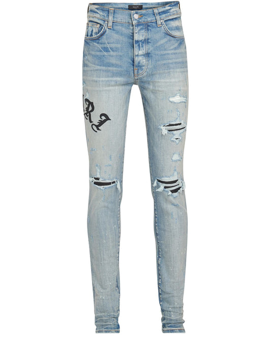 Amiri MX1 Old English Logo Leather Patch Jeans Clay Indigo