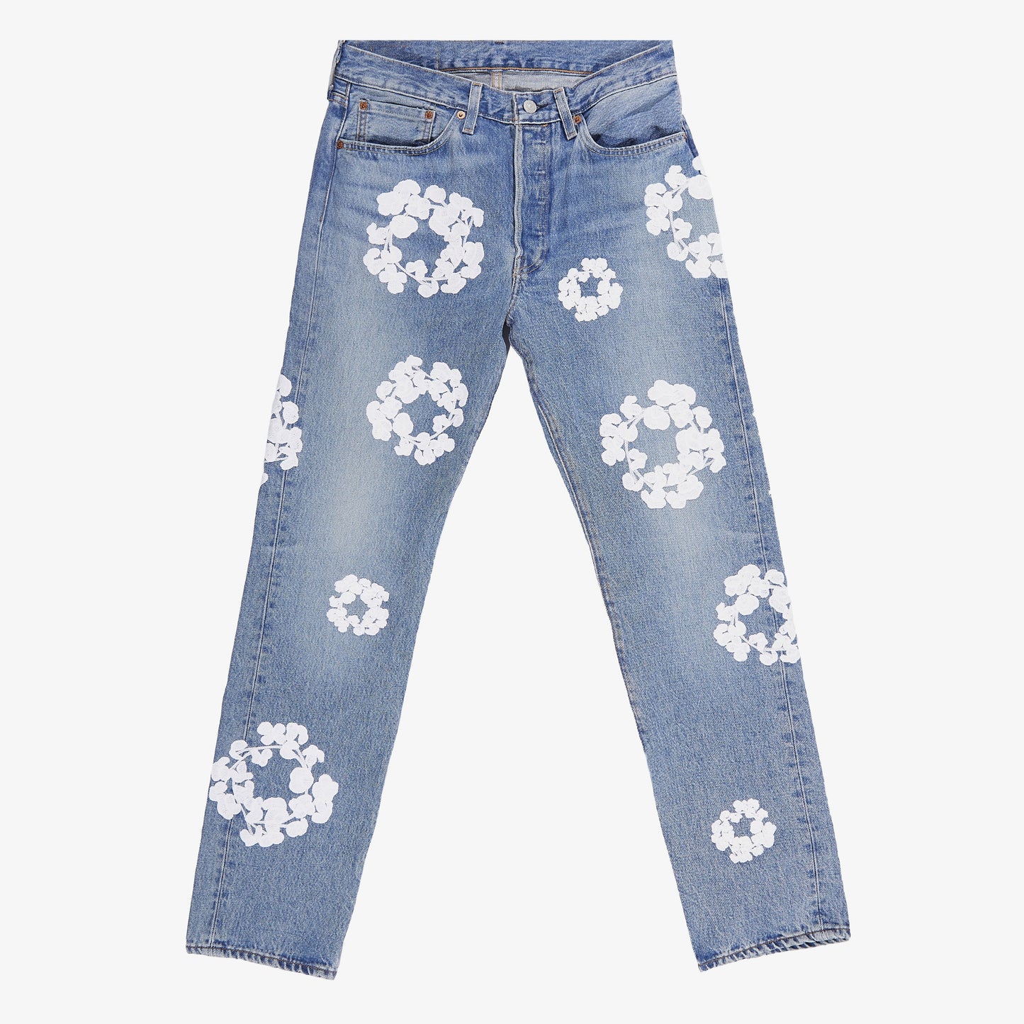 Denim Tears Chain Stitched Cotton Wreath Embroidered Jeans Blue