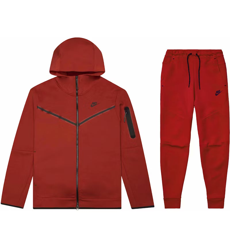 Nike Sportswear Tech Fleece Full Zip Hoodie & Joggers Set Gym Red Black