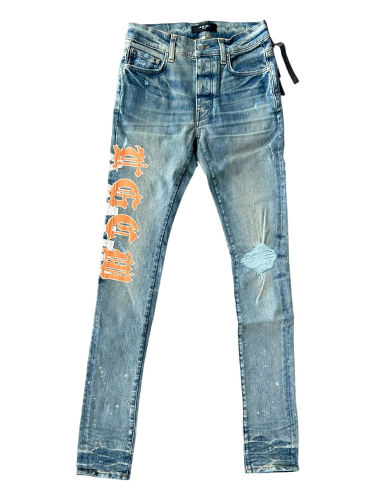 AMIRI TGCW Logo Distressed Jeans Orange Indigo