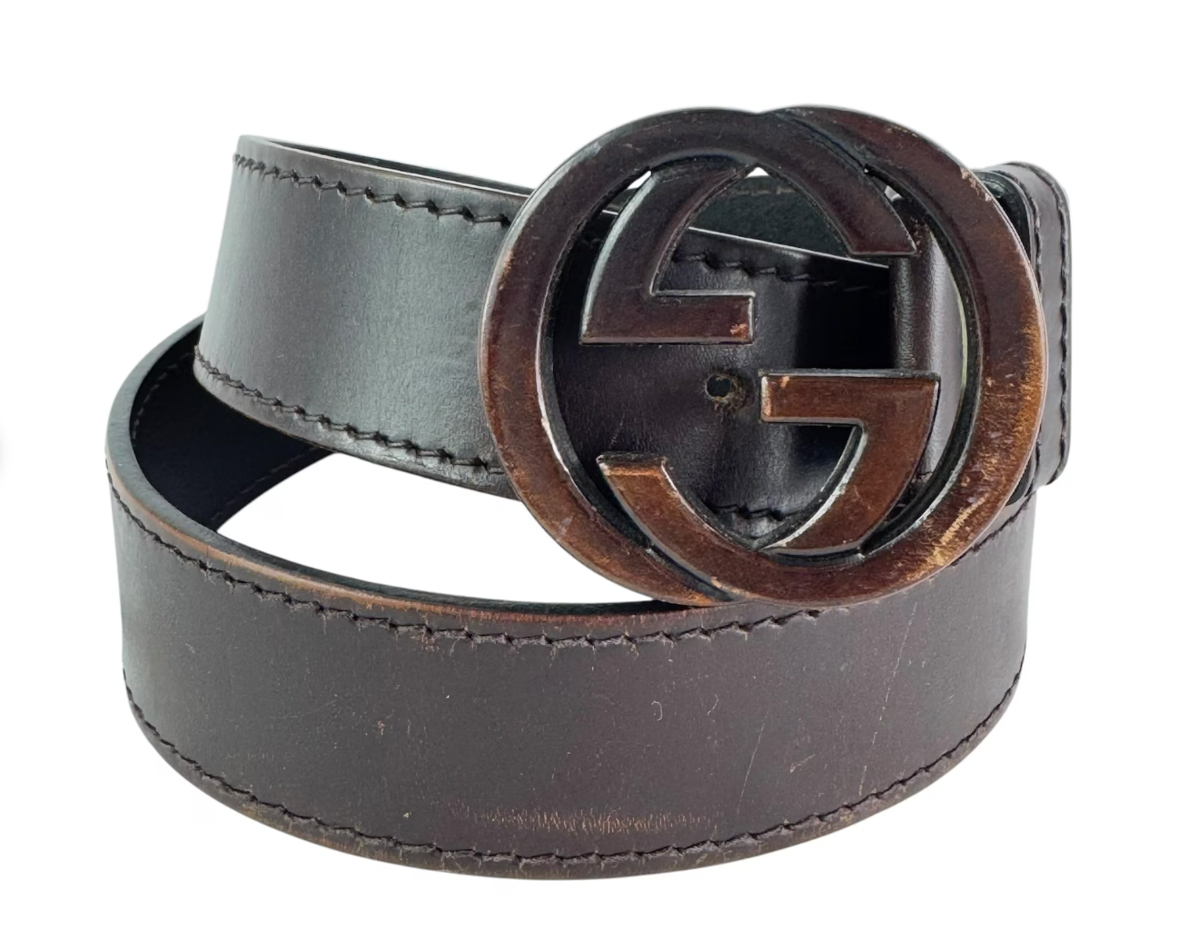 Gucci Brown Leather GG Wood Interlocking G Belt