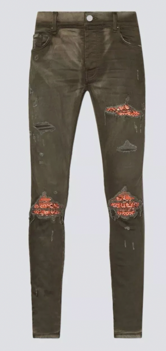 Amiri MX1 Military Green Orange Bandana Patch Jeans